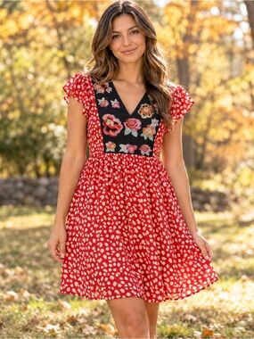 Kirundo Red Print Dress M Black Floral Bodice Flutter Sleeve
